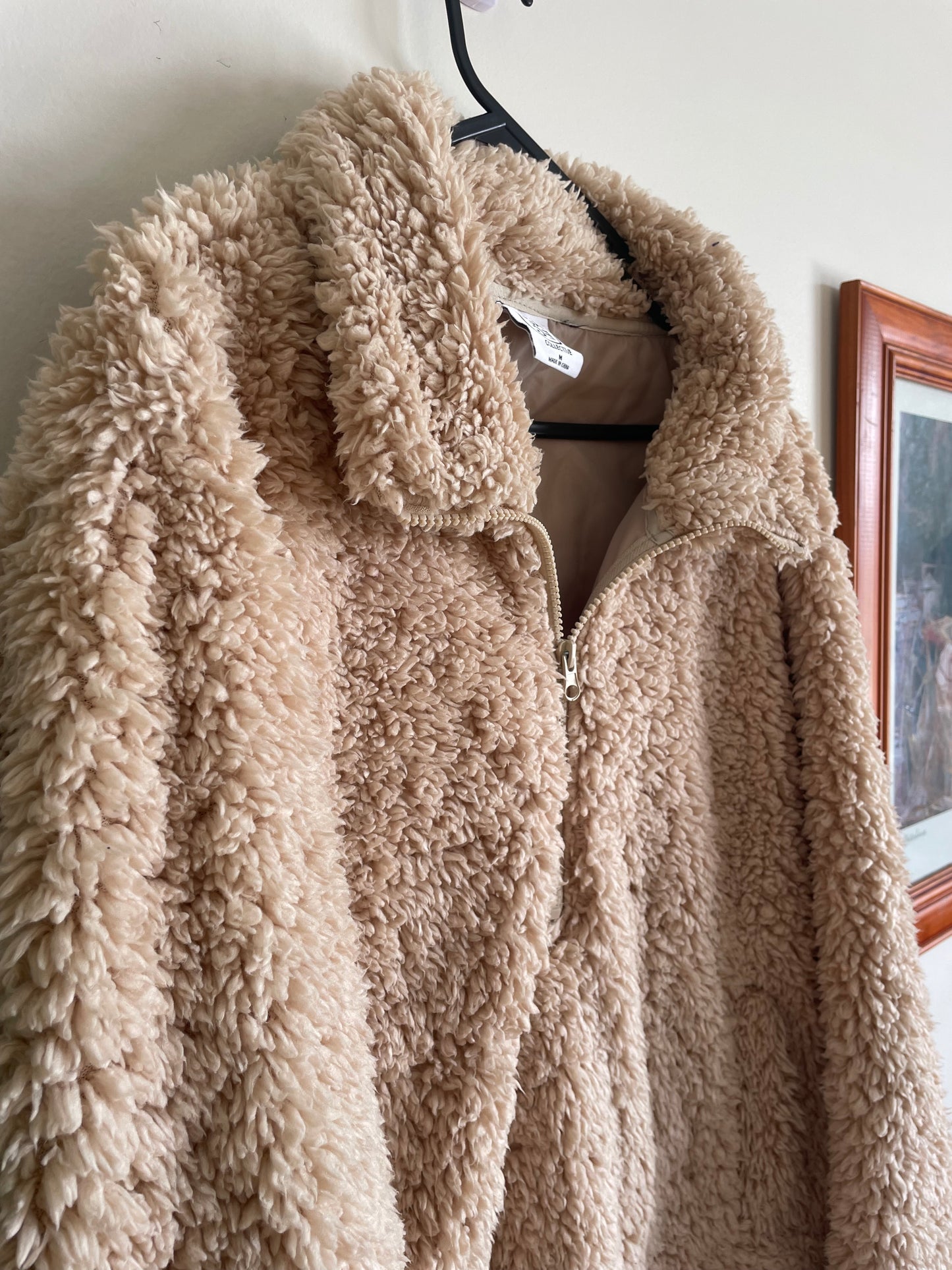 Beige Fluffy Teddy Jumper with High Zip Collar