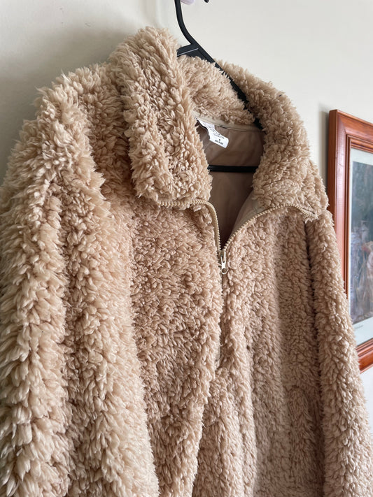 Beige Fluffy Teddy Jumper with High Zip Collar
