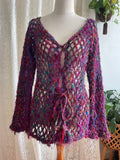 Boho Recycled Sari Silk Crochet Cardigan - Fairycore Open Knit