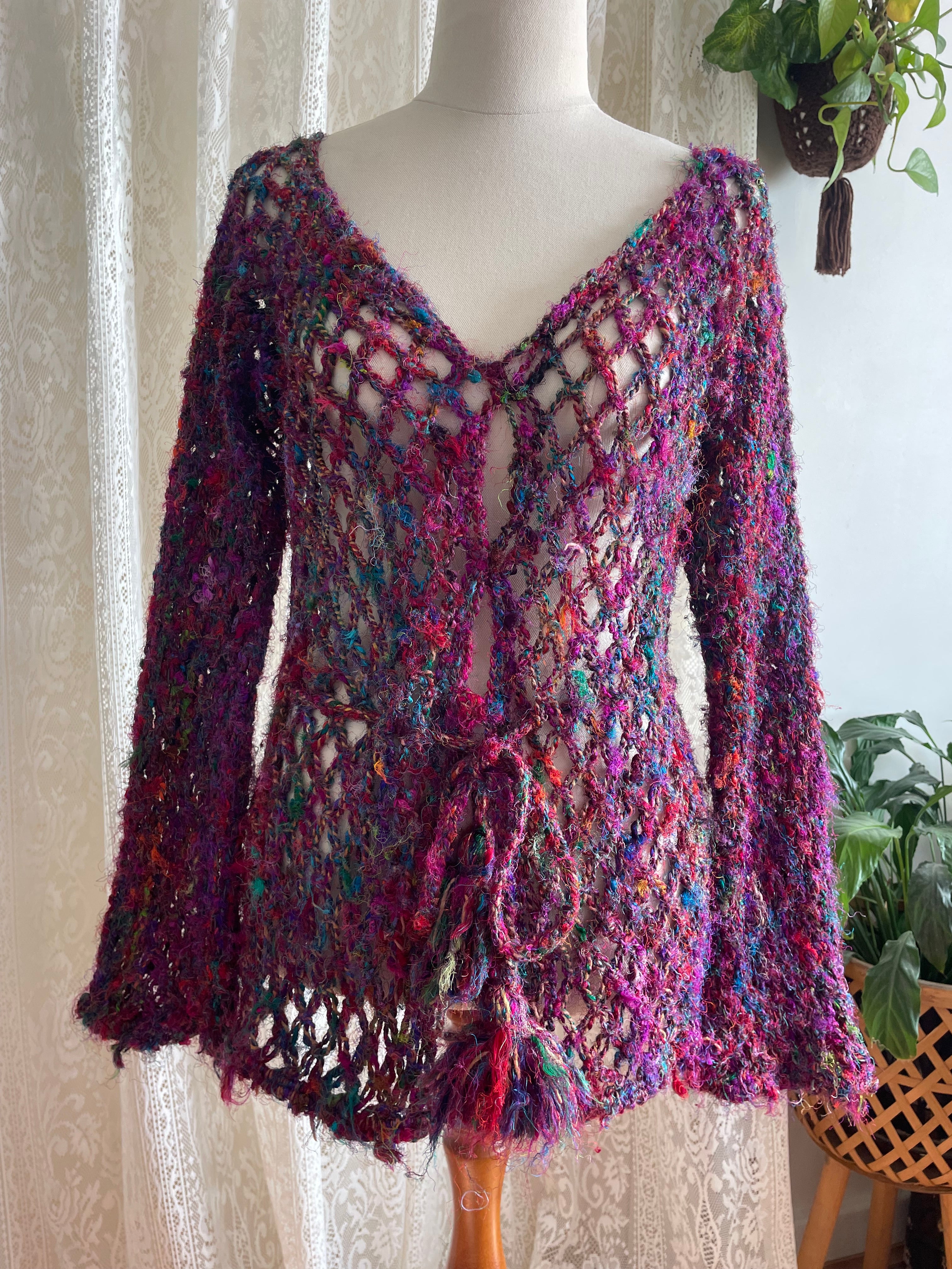 Boho Recycled Sari Silk Crochet Cardigan - Fairycore Open Knit