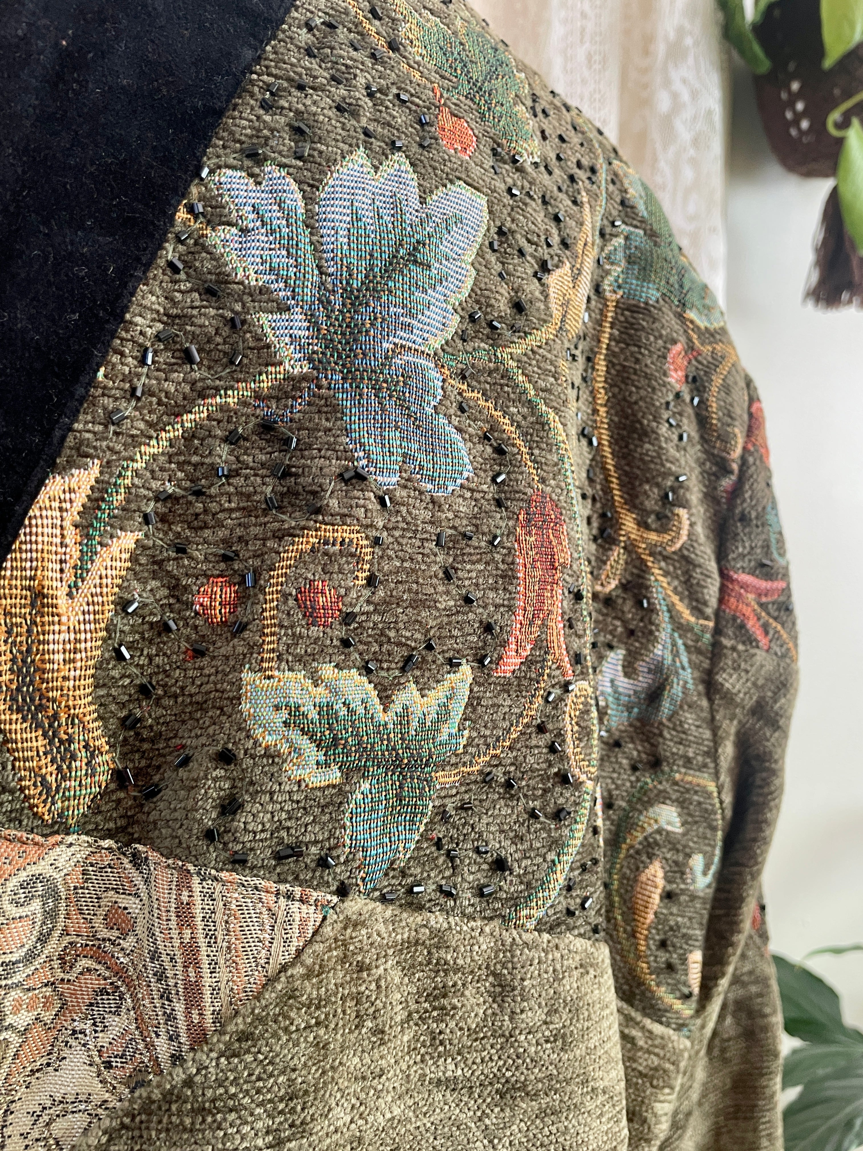 Vintage 90s Indigo Moon Star Patchwork Jacket – Velvet Tapestry Tie Front - Sz L