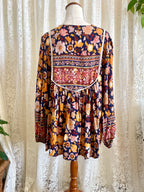 Salty Bright Ochre & Navy Floral Boho Peasant Top – Size 12