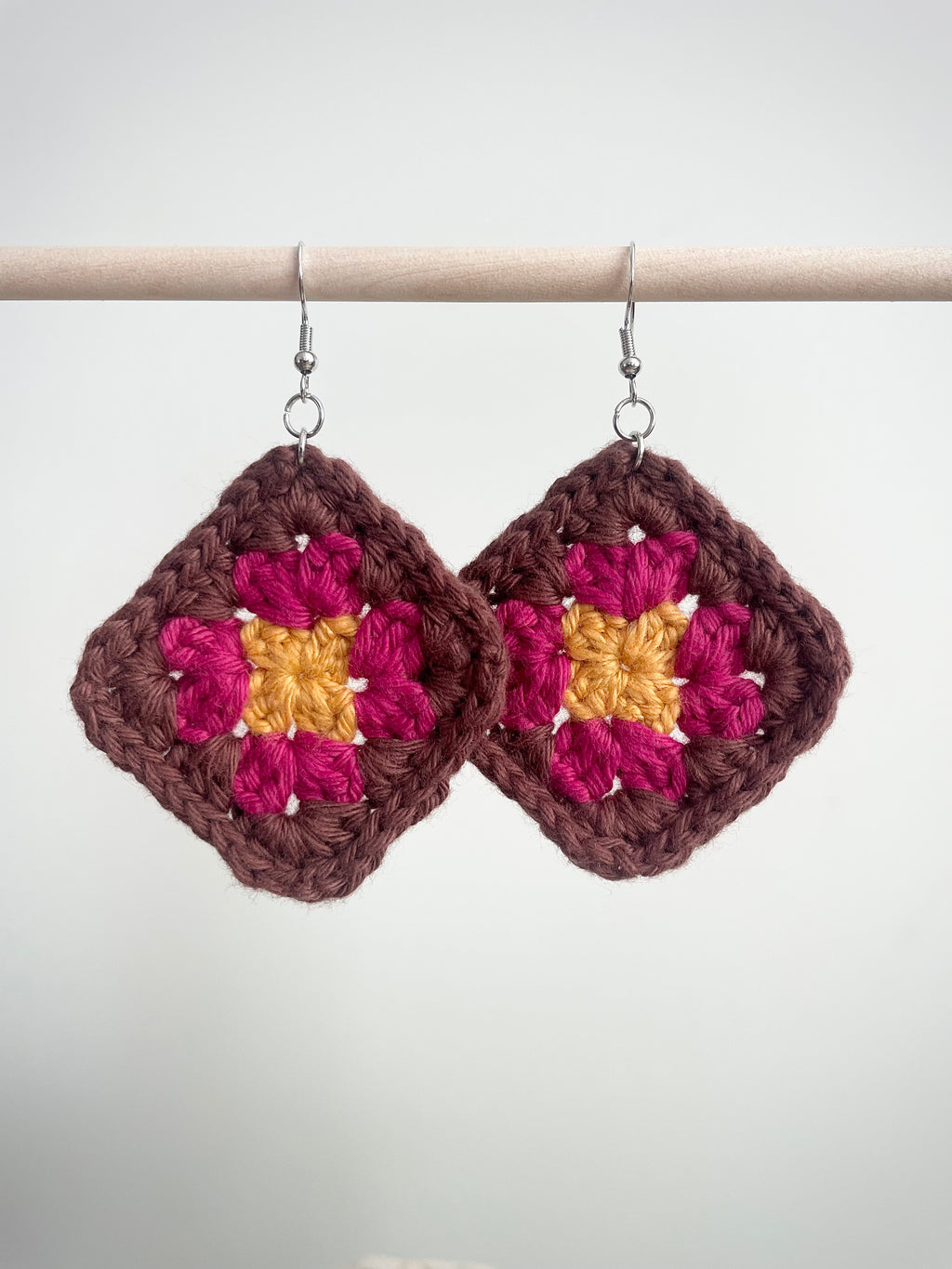 Crochet Big Square Earrings - Yellow/Pink/Brown