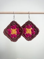 Crochet Big Square Earrings - Yellow/Pink/Brown