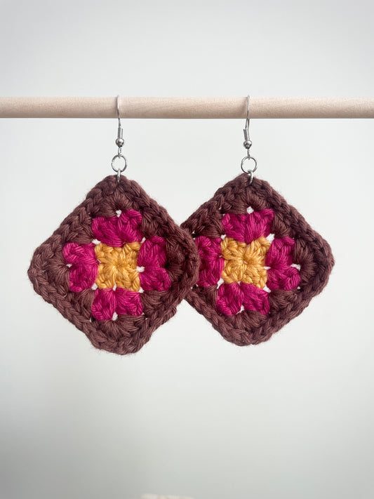 Crochet Big Square Earrings - Yellow/Pink/Brown