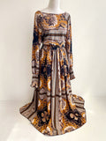 70s Vibe Boho Chic Scarf Print Maxi Dress - Ochre Gold Mustard Paisley Festival Long Sleeve Blouson Dress