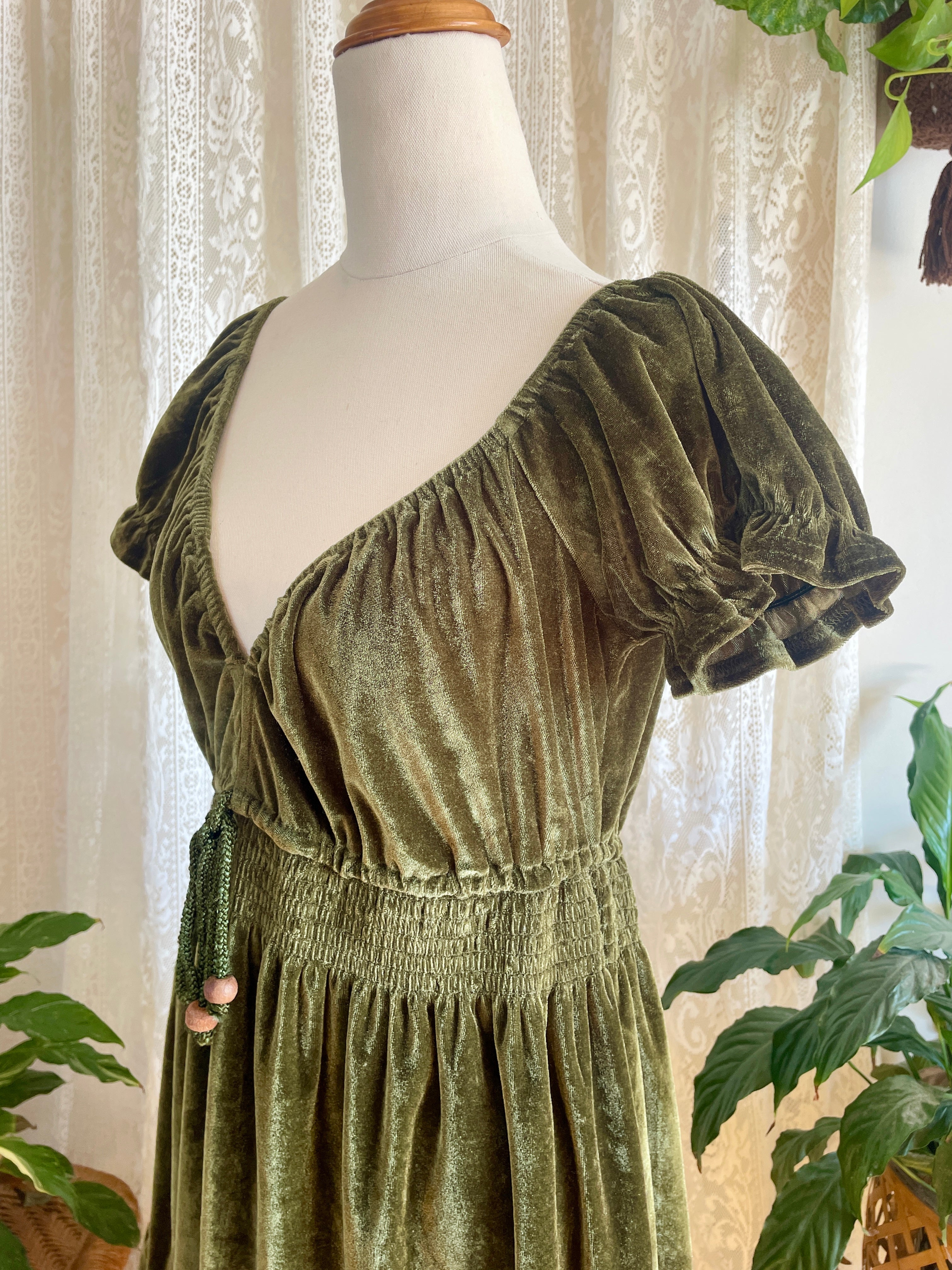 Olive Green Velvet Peasant Style Mini Dress