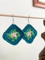 Crochet Big Square Earrings - Cream/Green/Blue