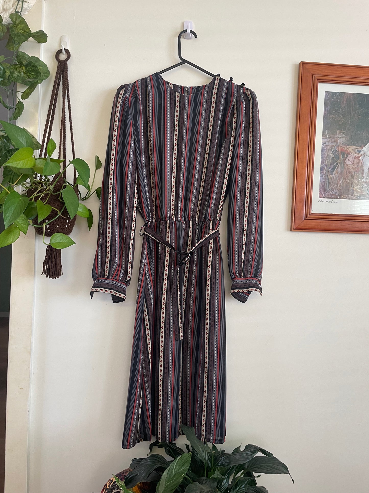 Vintage Sheer Belted Stripe Long Sleeve Dress