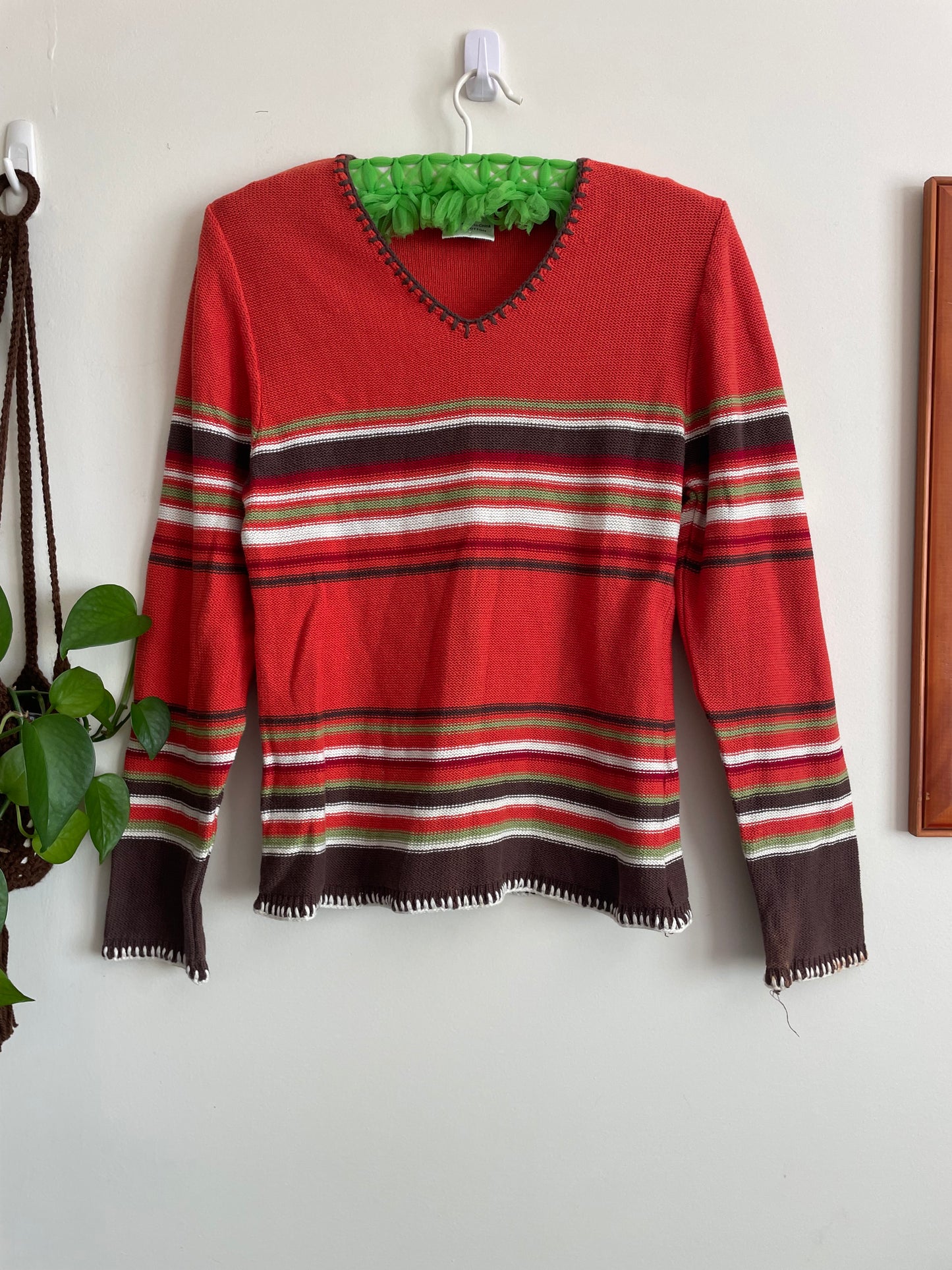 Retro style Y2K orange & brown striped cotton jumper