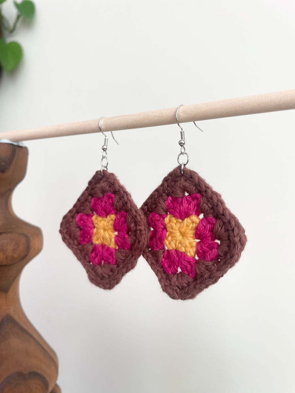 Crochet Big Square Earrings - Yellow/Pink/Brown