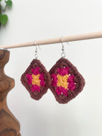 Crochet Big Square Earrings - Yellow/Pink/Brown