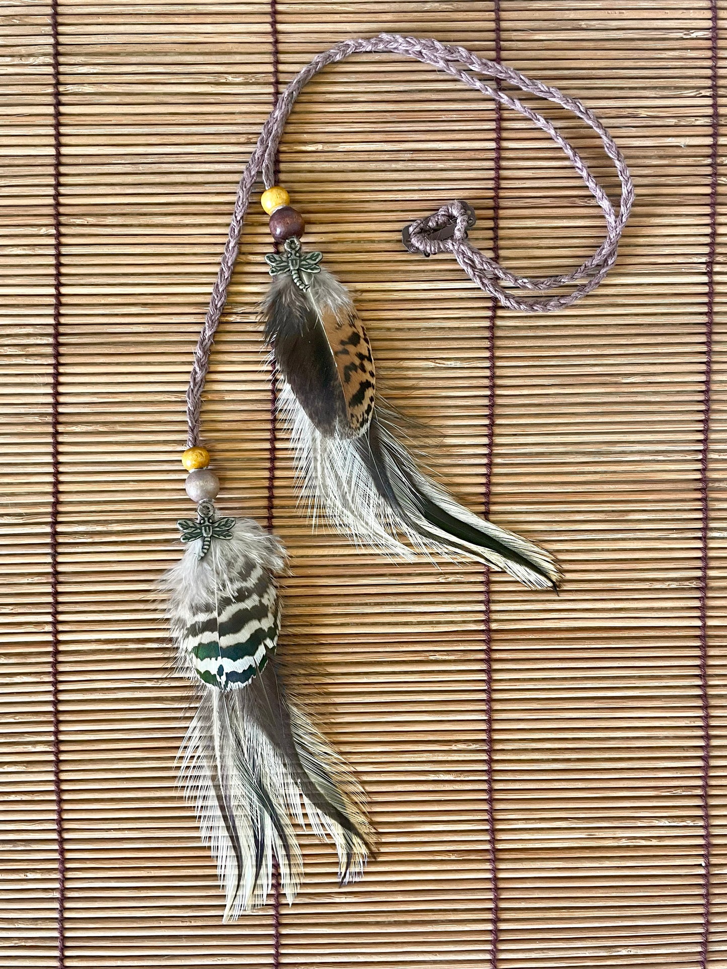 Feather & Hemp Hair Extension - Double Stranded Brown mix/Dragonfly