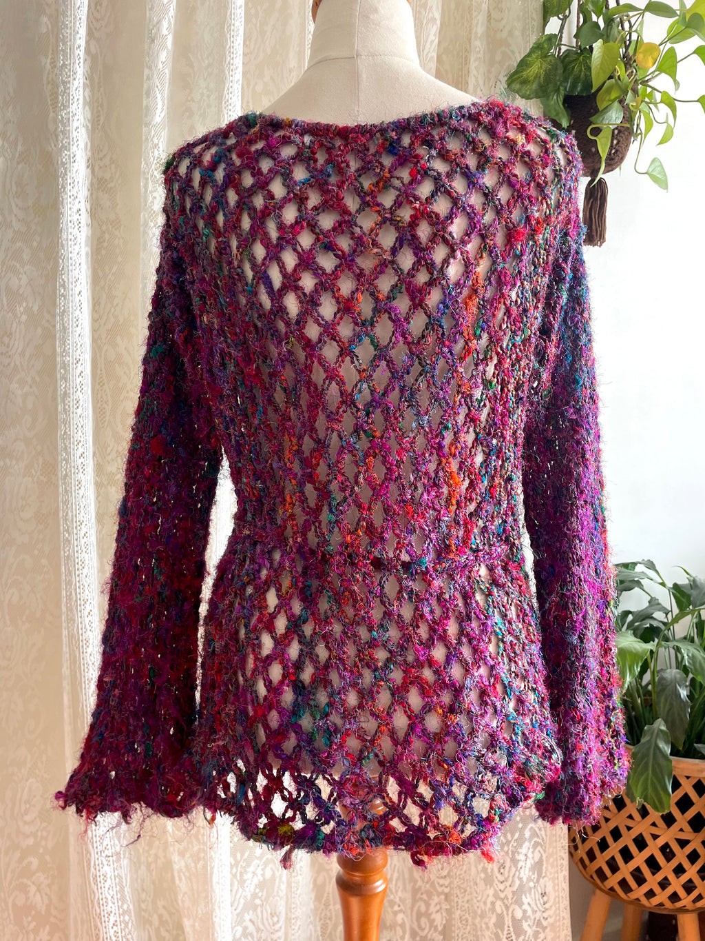 Recycled silk Crochet mesh tie up cardigan