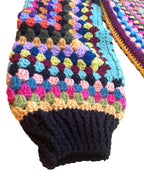Crochet granny square jumper, multicolour, black trims