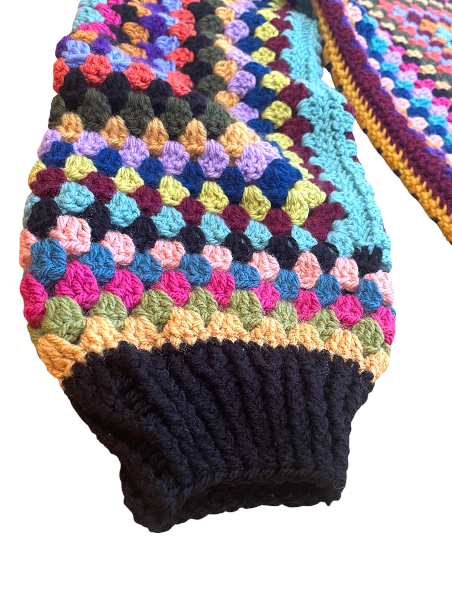 Crochet granny square jumper, multicolour, black trims