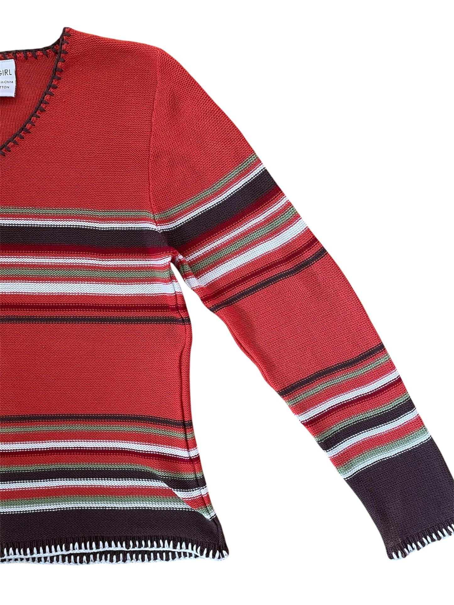 Retro style Y2K orange & brown striped cotton jumper