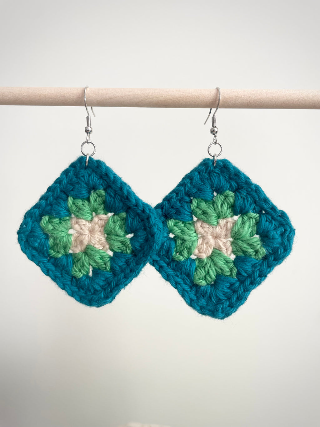Crochet Big Square Earrings - Cream/Green/Blue
