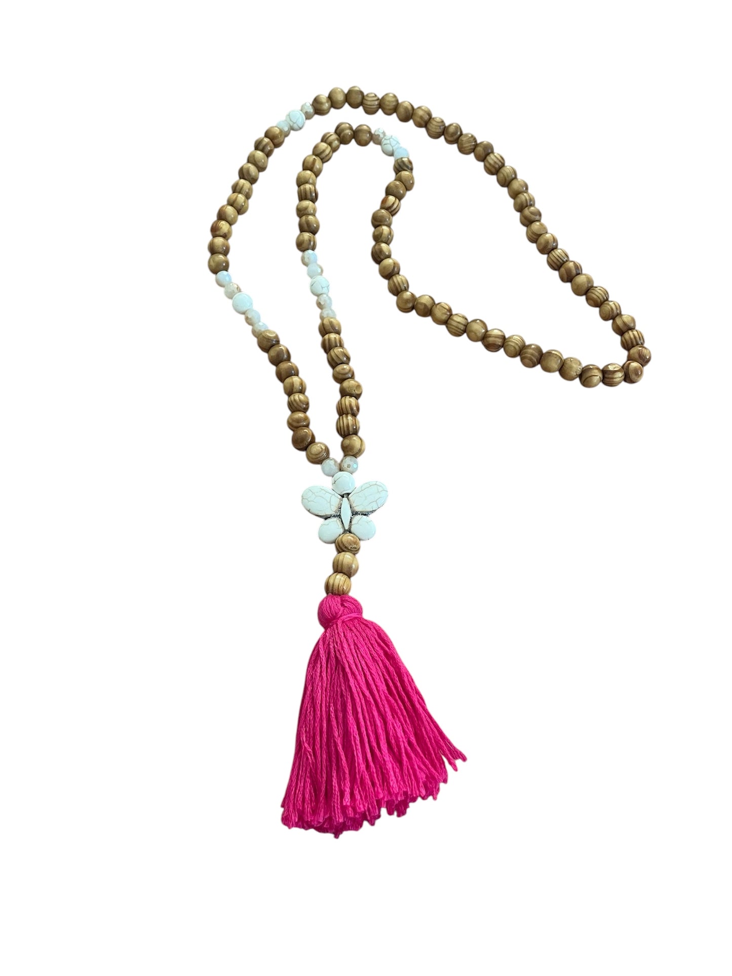 Long wood & white bead necklace with stone butterfly & pink tassel