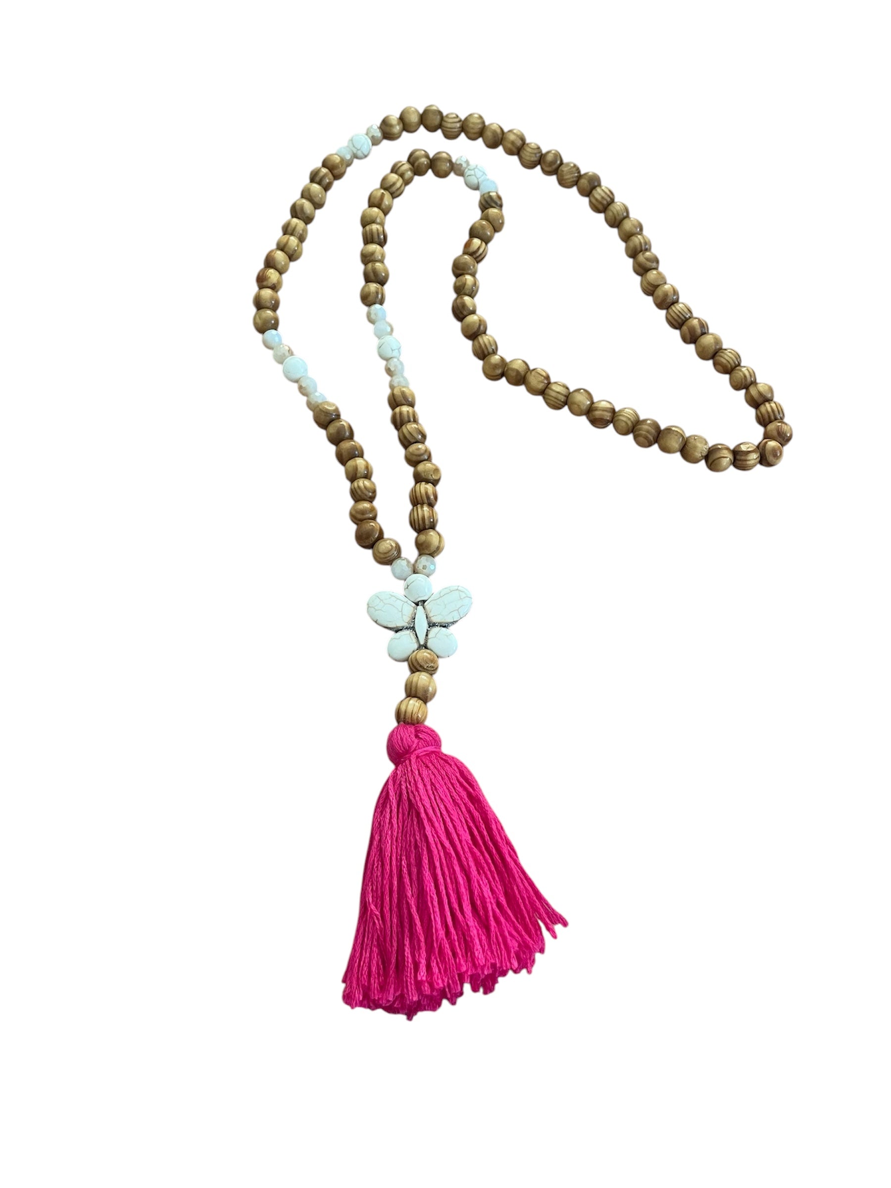 Long wood & white bead necklace with stone butterfly & pink tassel