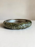 Vintage Silver Tone Green Enamel Swirl Hinged Bangle Clamper Bracelet