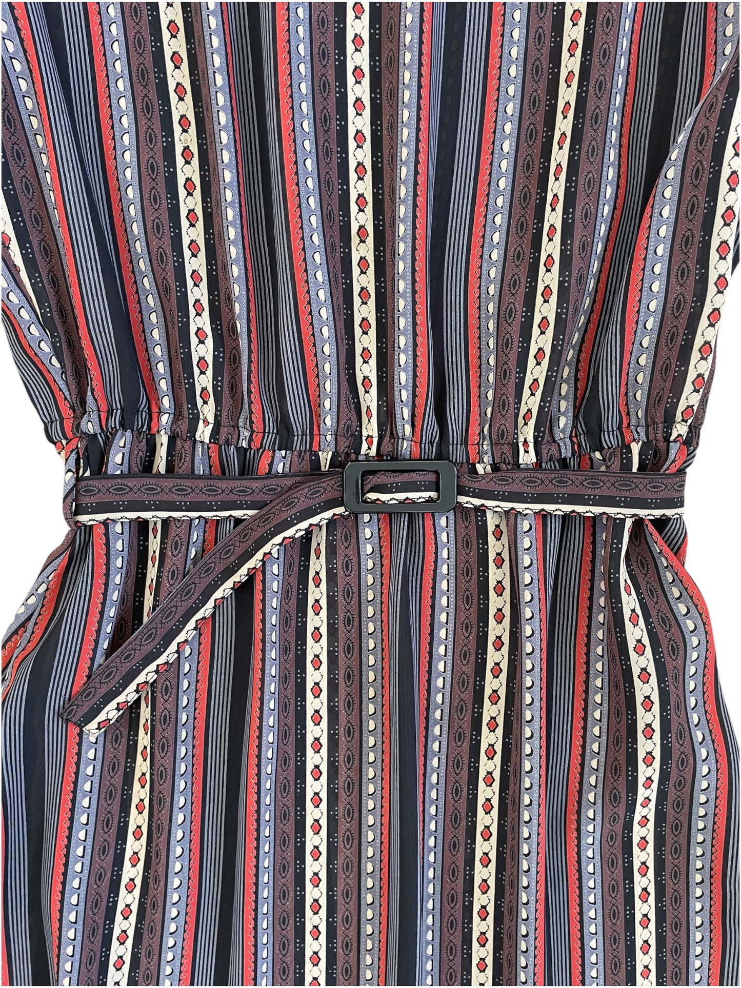 Vintage Sheer Belted Stripe Long Sleeve Dress