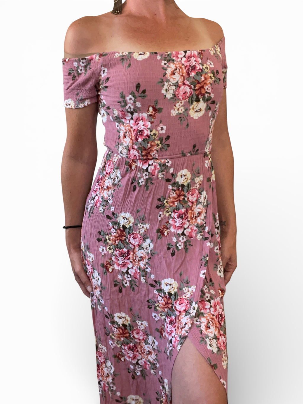 Pre-Loved Pink Floral off shoulder dress - Sz 8