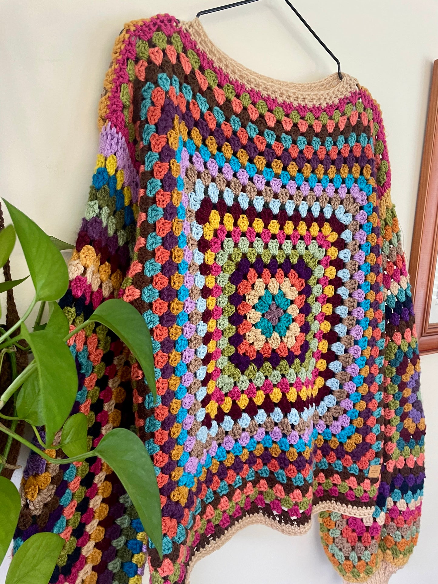 Crochet Rainbow Granny Square Jumper with Cuffs