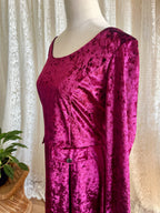 Retro Style Avocado Crushed Velvet Burgundy Dress with Long Sleeves Sz 14