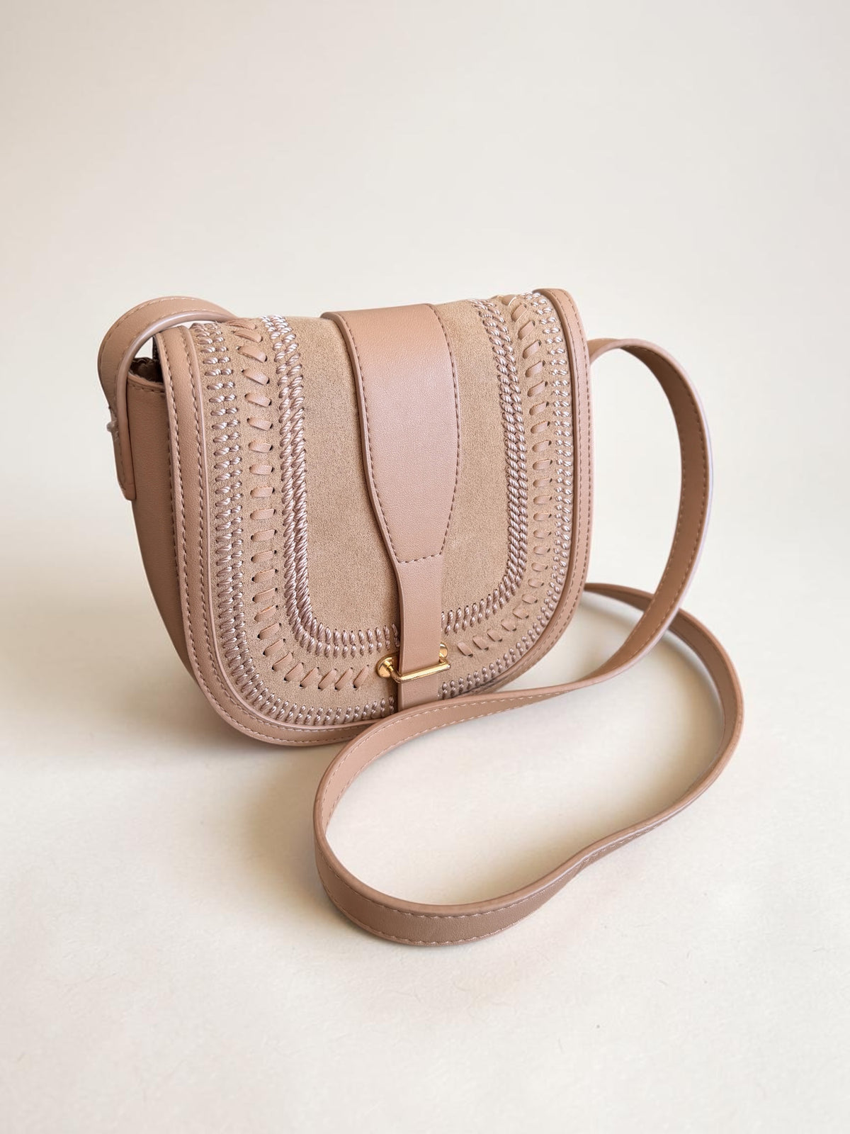 Sportsgirl Boho Faux Suede Saddle Crossbody Bag Whipstitch Detail Beige