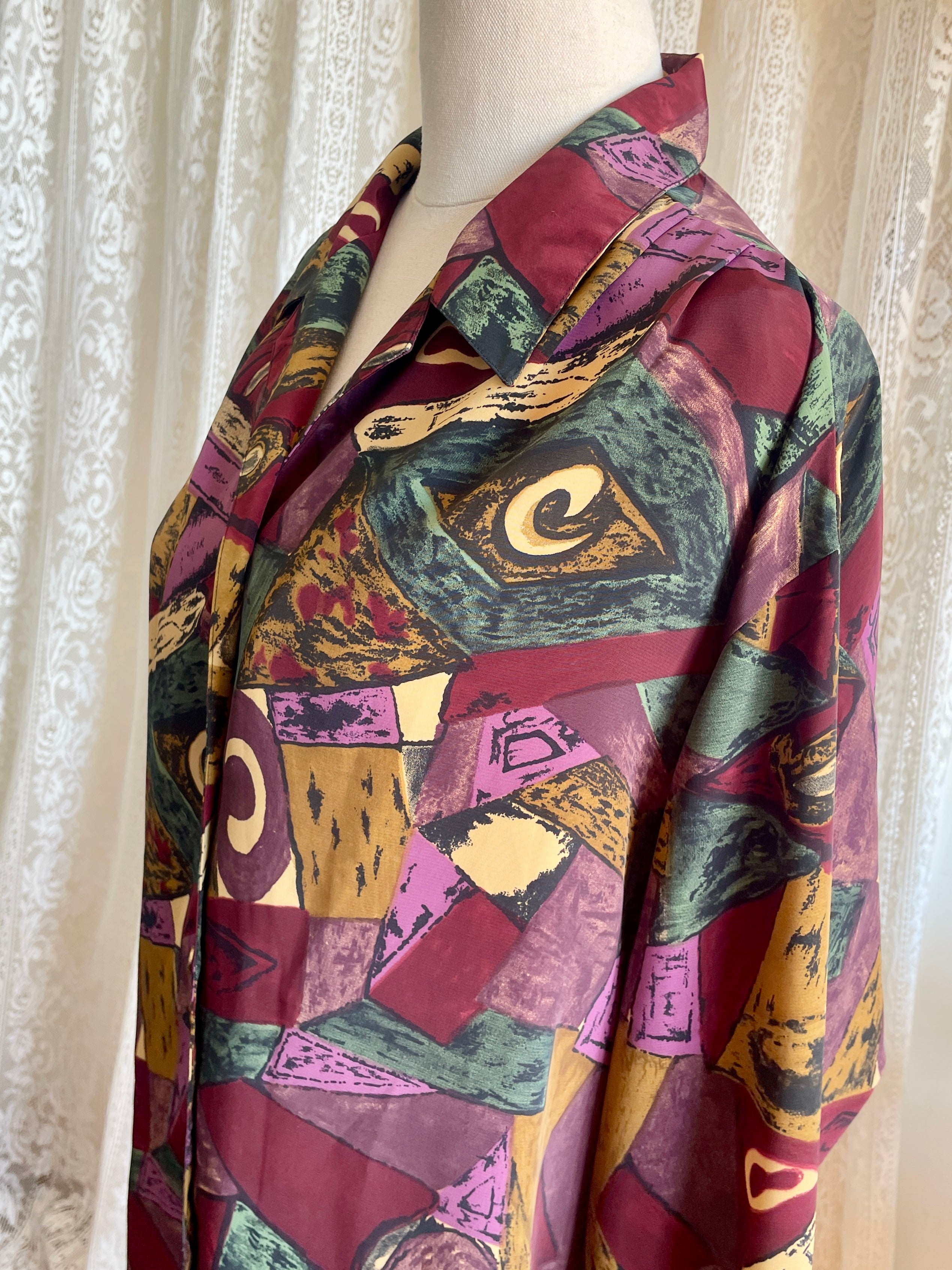Vintage 90s Amari Geometric Abstract Blouse Retro Earthy Maroon Art-To-Wear Button Up Shirt Plus Size 18