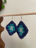 Crochet Big Square Earrings - Blue Tone