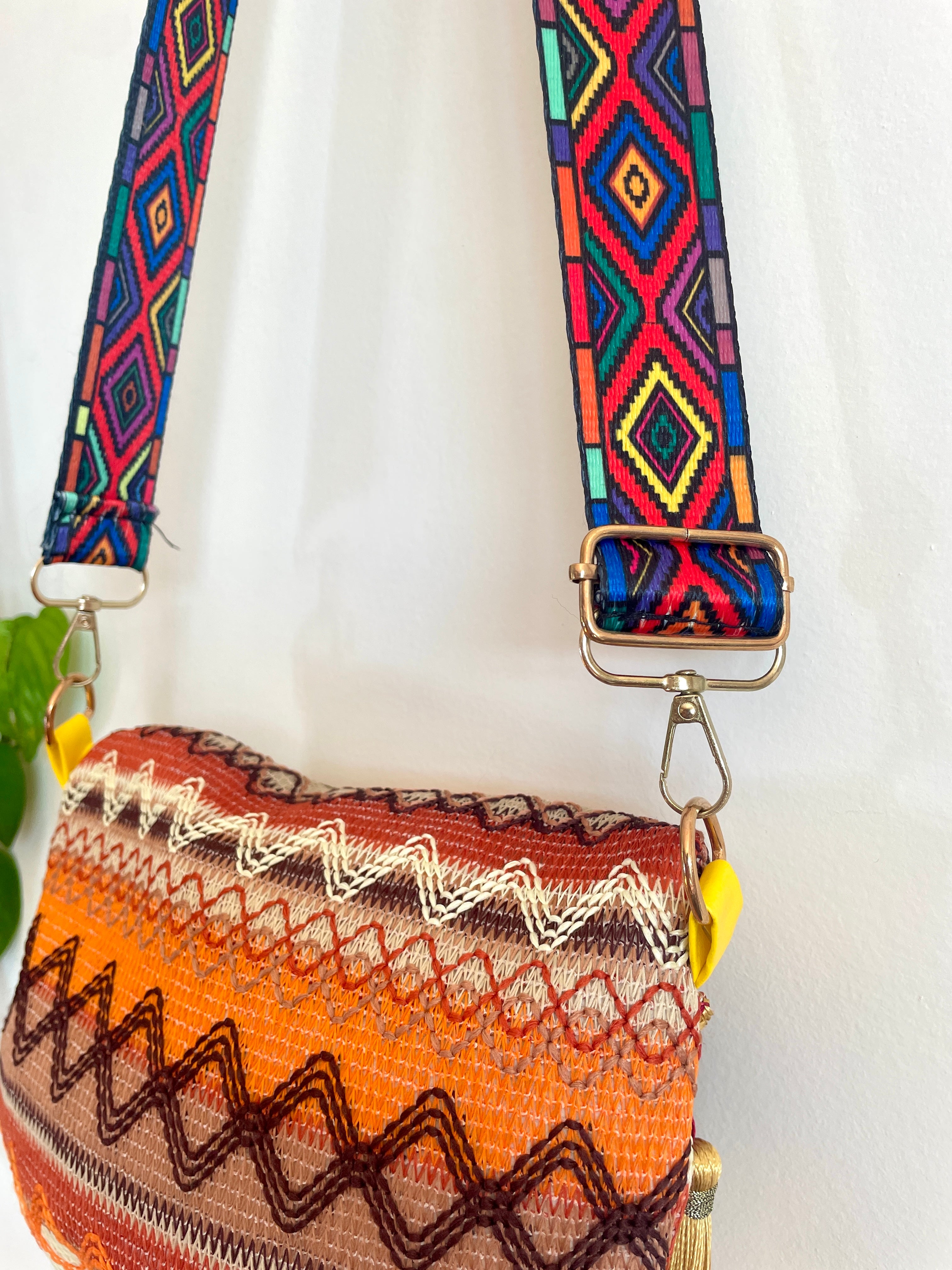 Boho Crossbody Bag w/ Thick Geometric Strap & Tassels