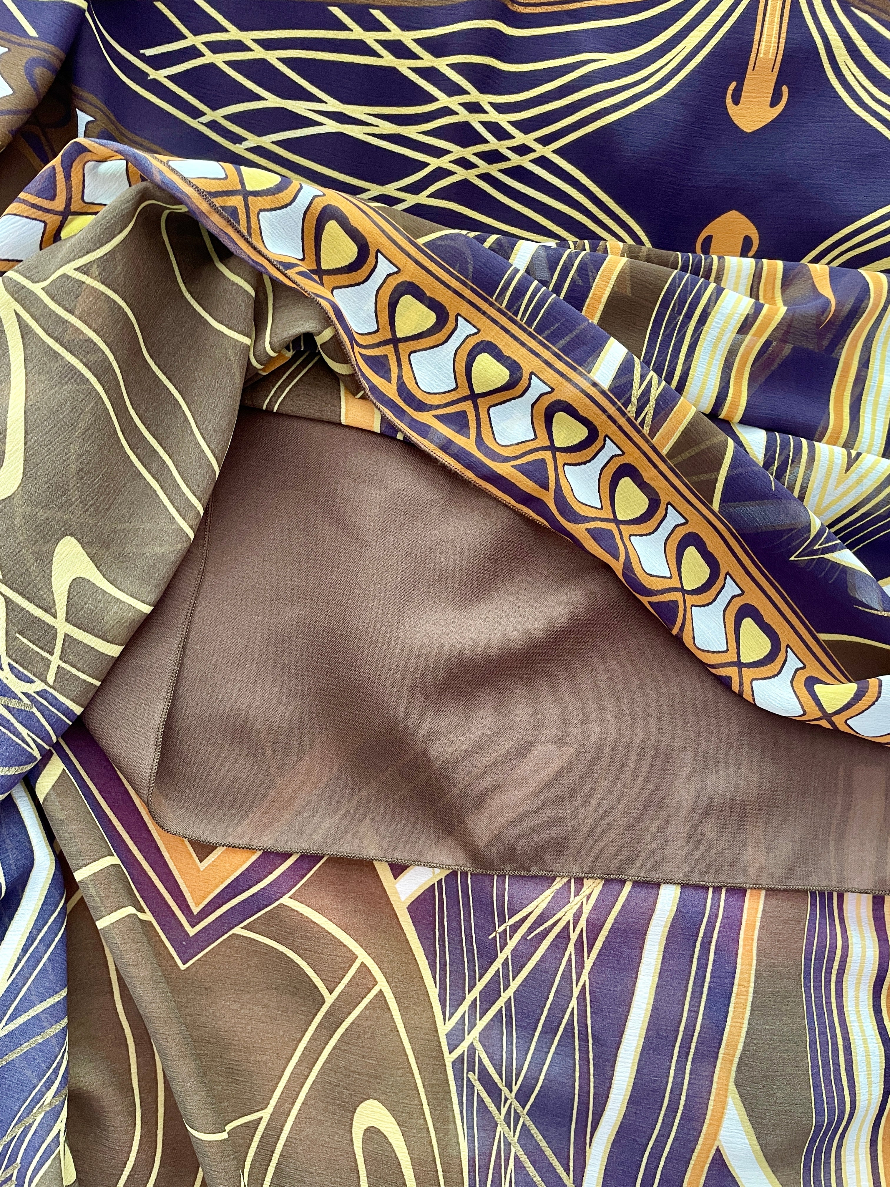 Art Nouveau 70s Style Abstract Print Chiffon Maxi Dress – Empire Waist Flutter Sleeve - Sz