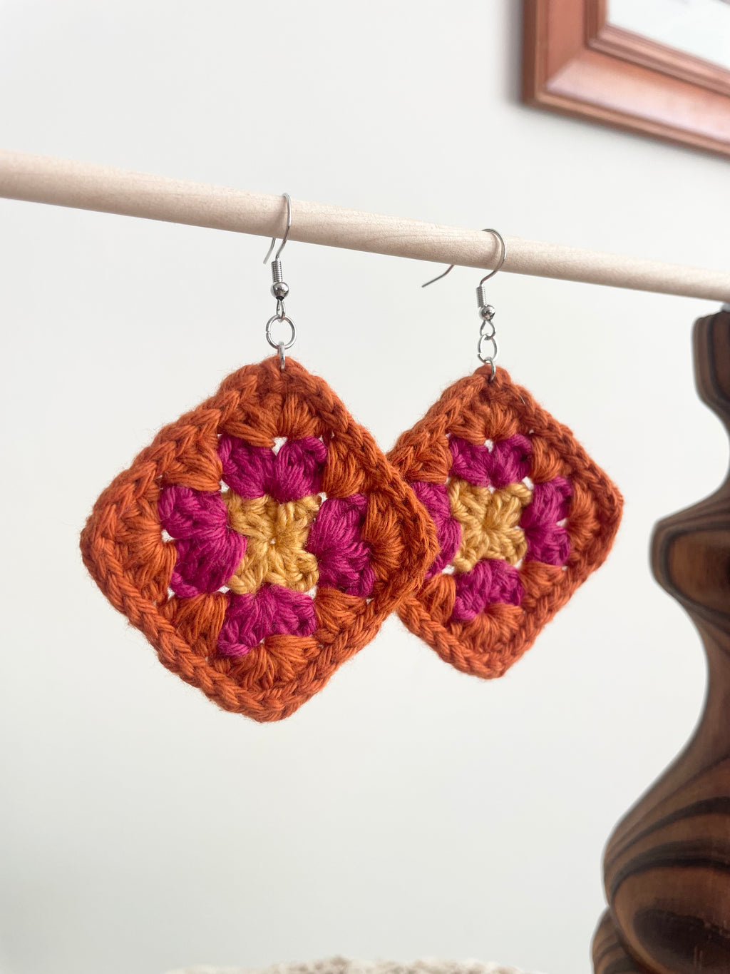 Crochet Big Square Earrings - Yellow/Pink/Orange