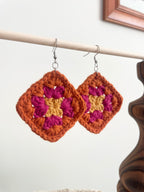 Crochet Big Square Earrings - Yellow/Pink/Orange