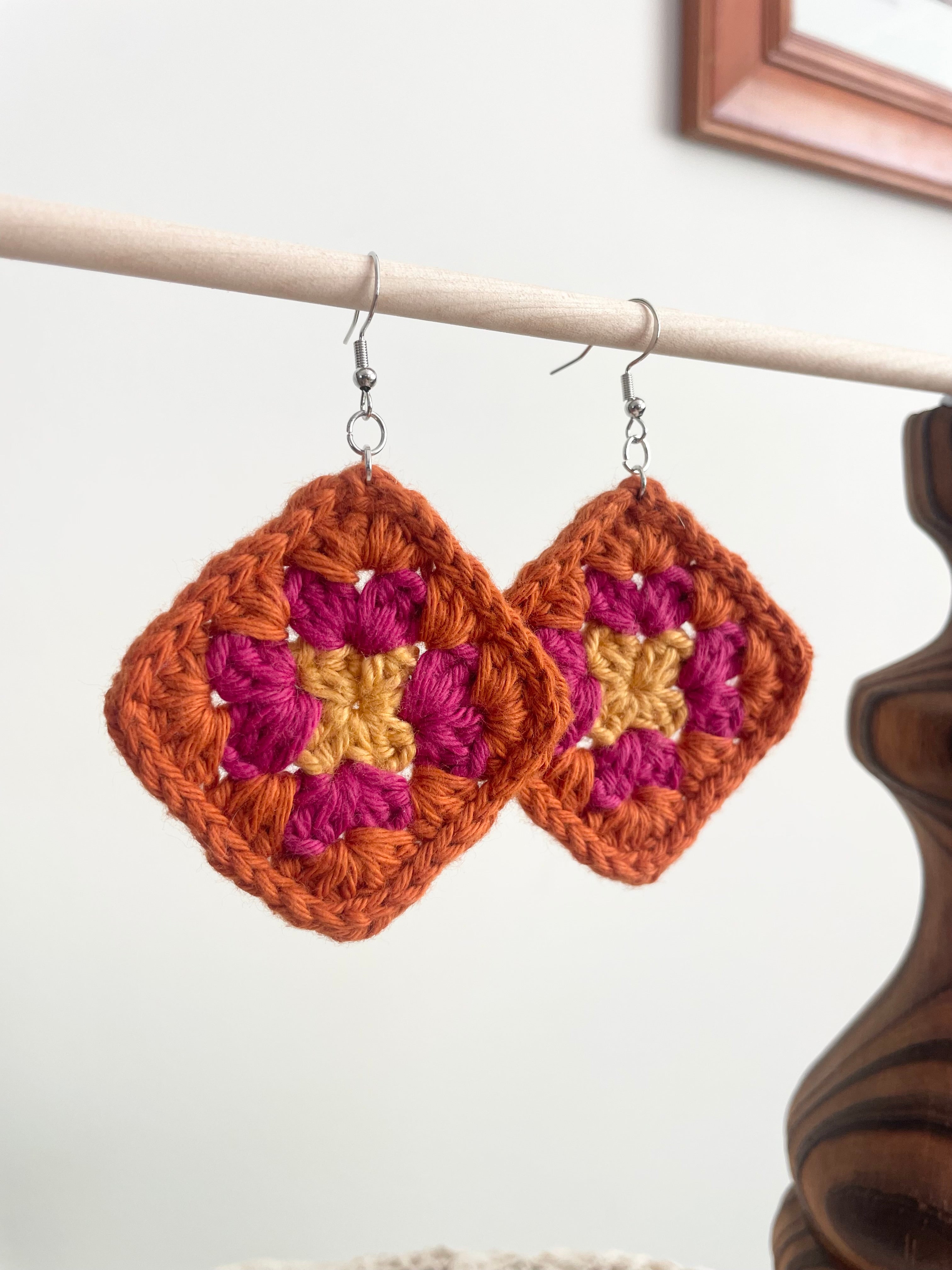 Crochet Big Square Earrings - Yellow/Pink/Orange