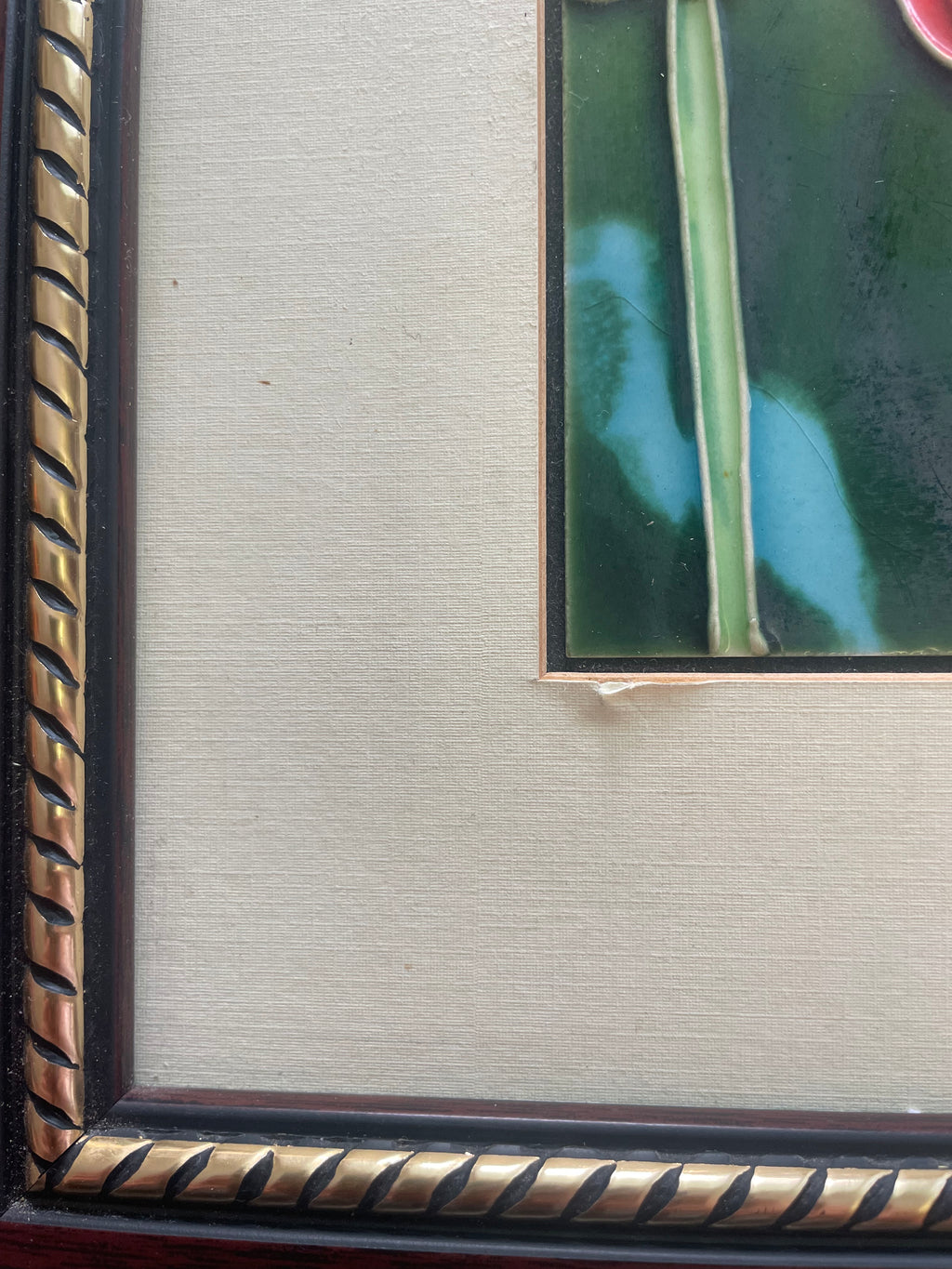 Handpainted Tulips Vintage Ceramic Tile In Custom Wooden Frame