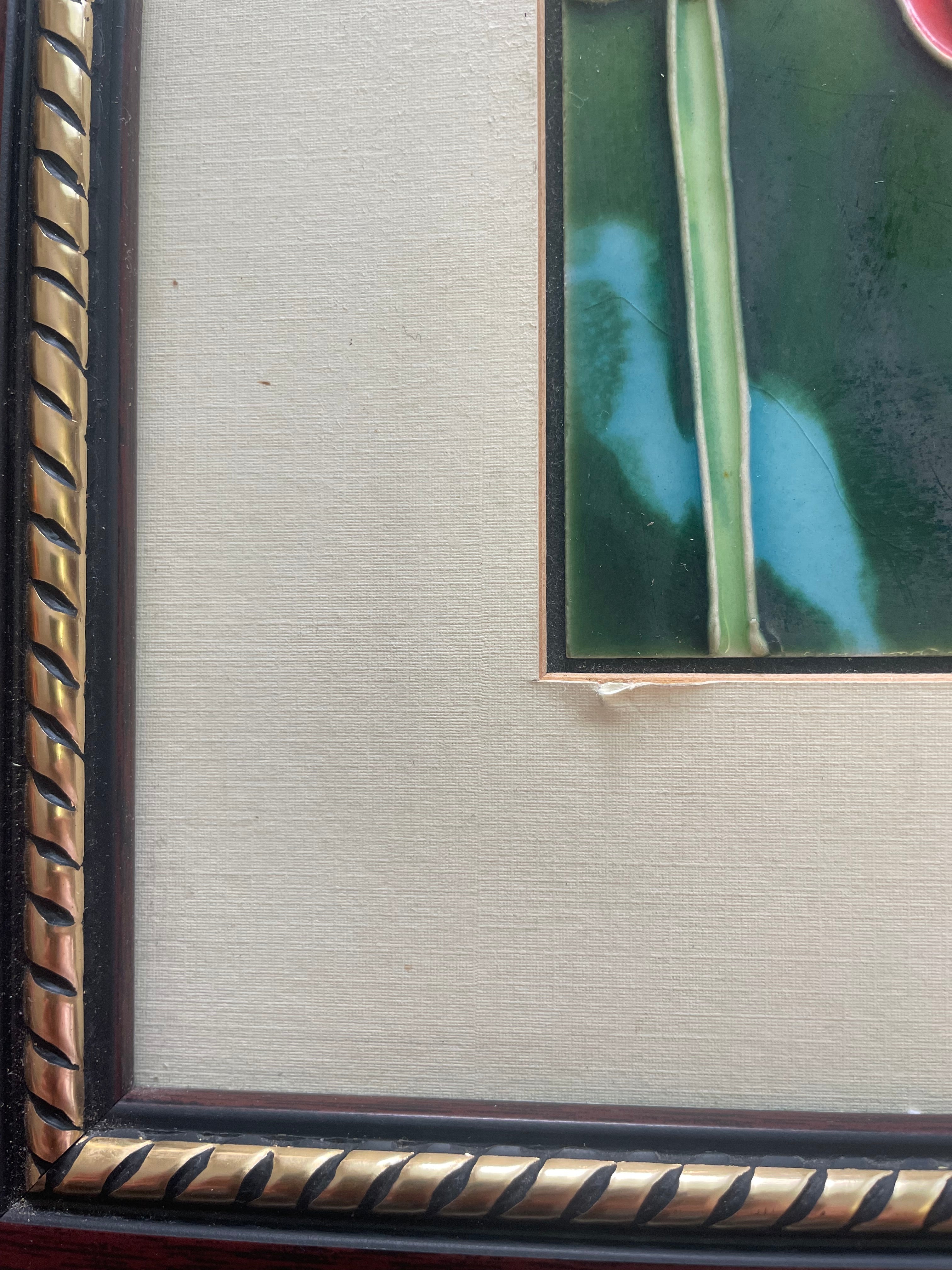 Handpainted Tulips Vintage Ceramic Tile In Custom Wooden Frame