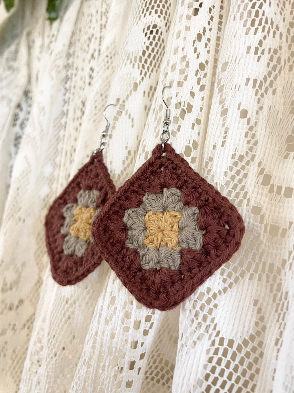 Crochet Mojo Moon Square Earrings - Brown/Sage