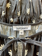 Just Jeans Black Daisy Print Shirred Boho Top – Size 10