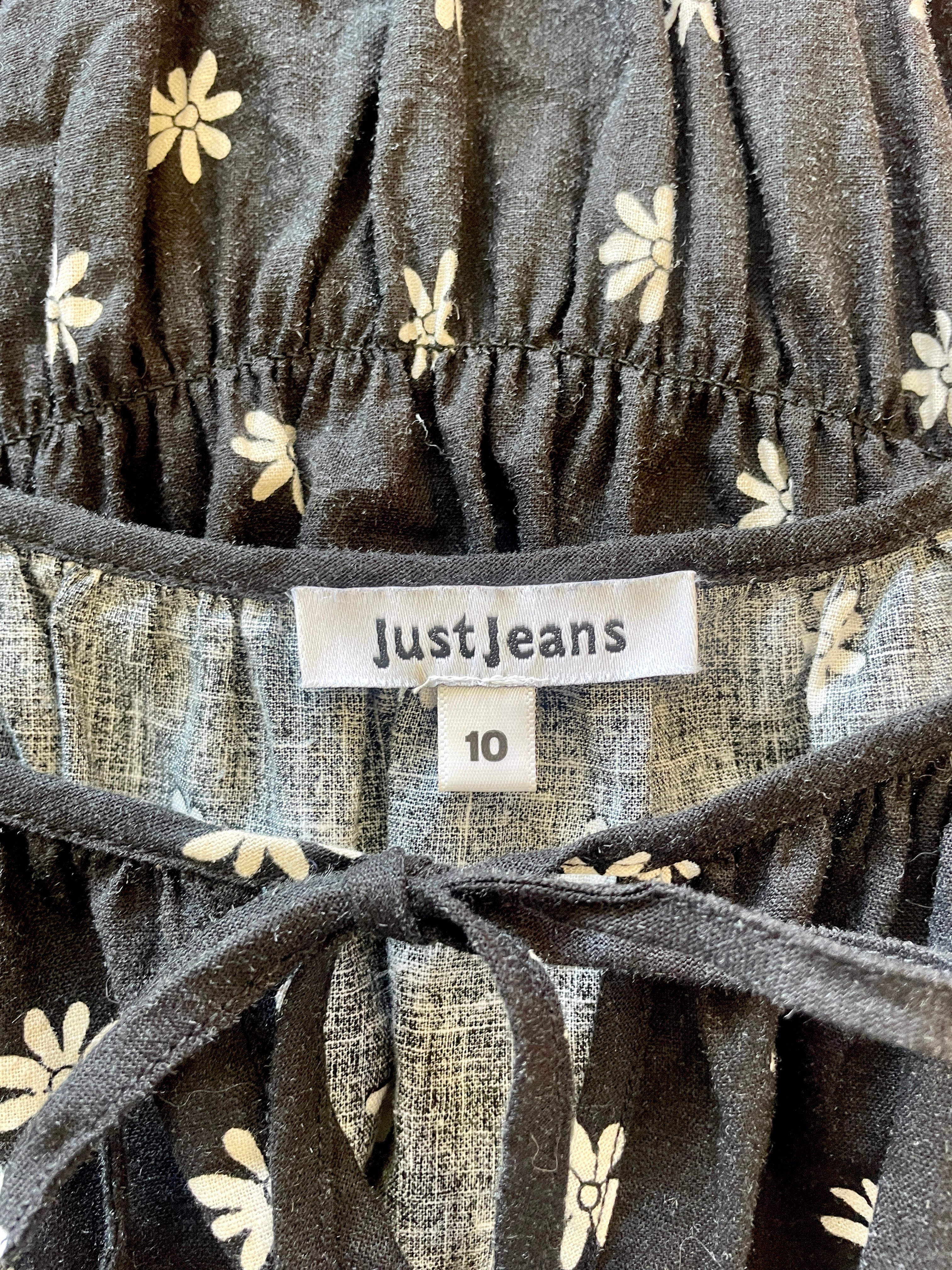 Just Jeans Black Daisy Print Shirred Boho Top – Size 10
