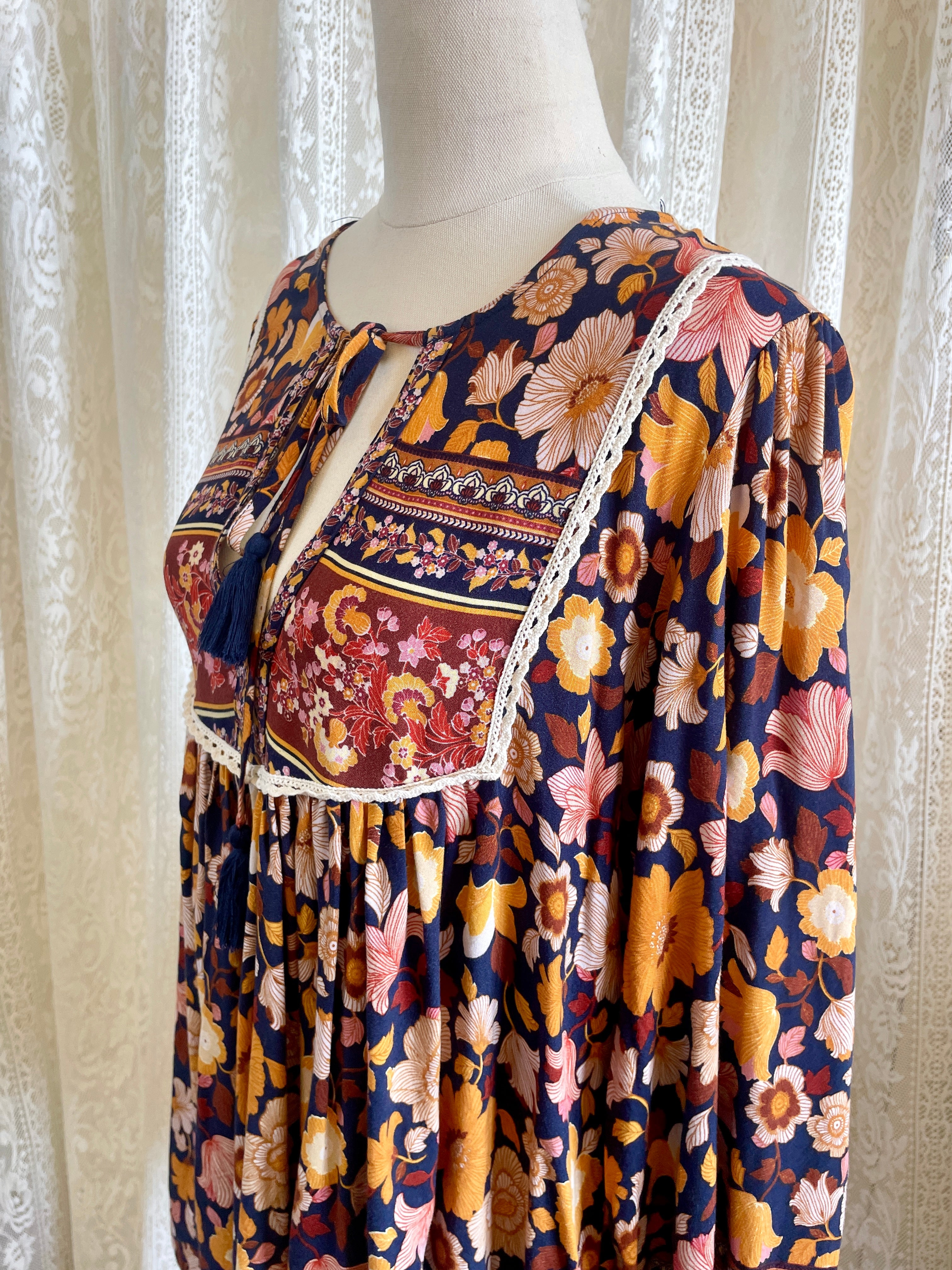 Salty Bright Ochre & Navy Floral Boho Peasant Top – Size 12