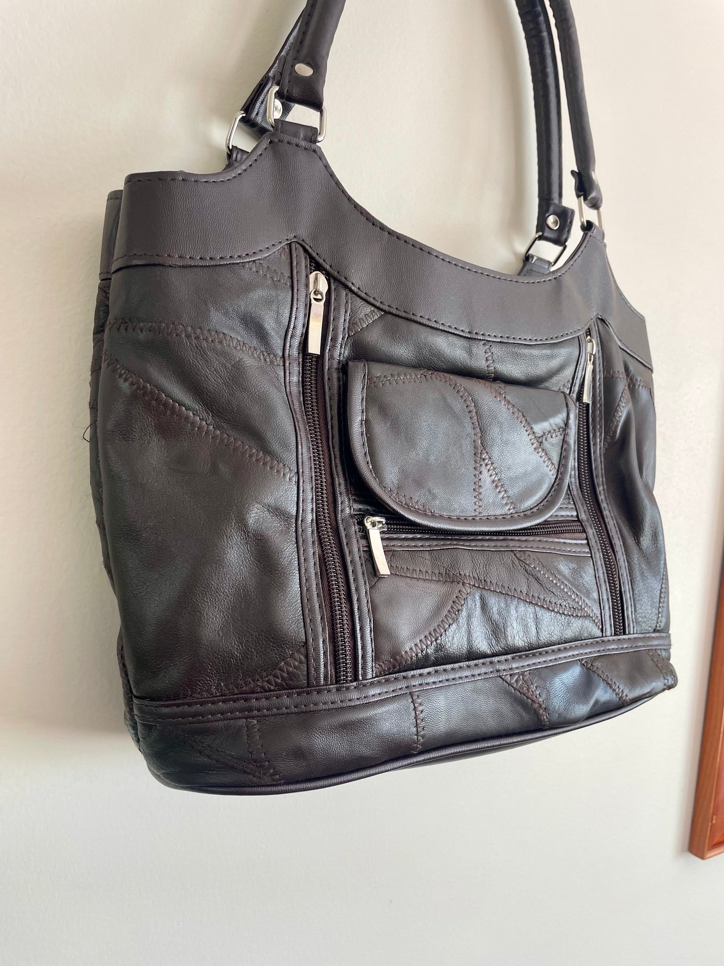 Dark Brown Patch Faux Leather Handbag