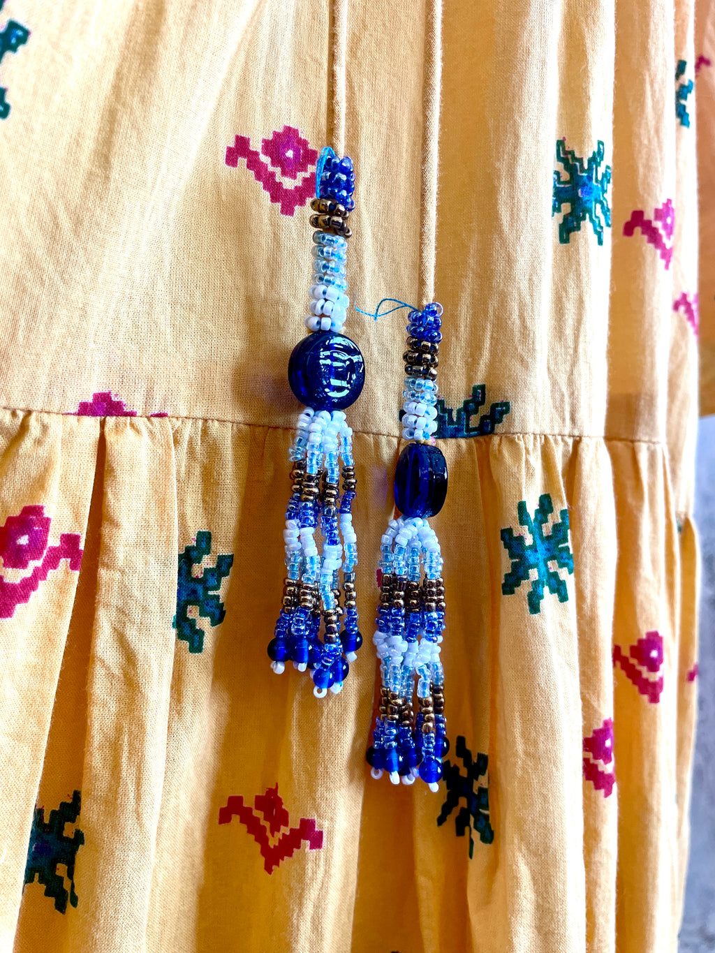 Ishka Marigold Yellow Embroidered Boho Maxi Dress – Bell Sleeve Tiered Smock Sz 14