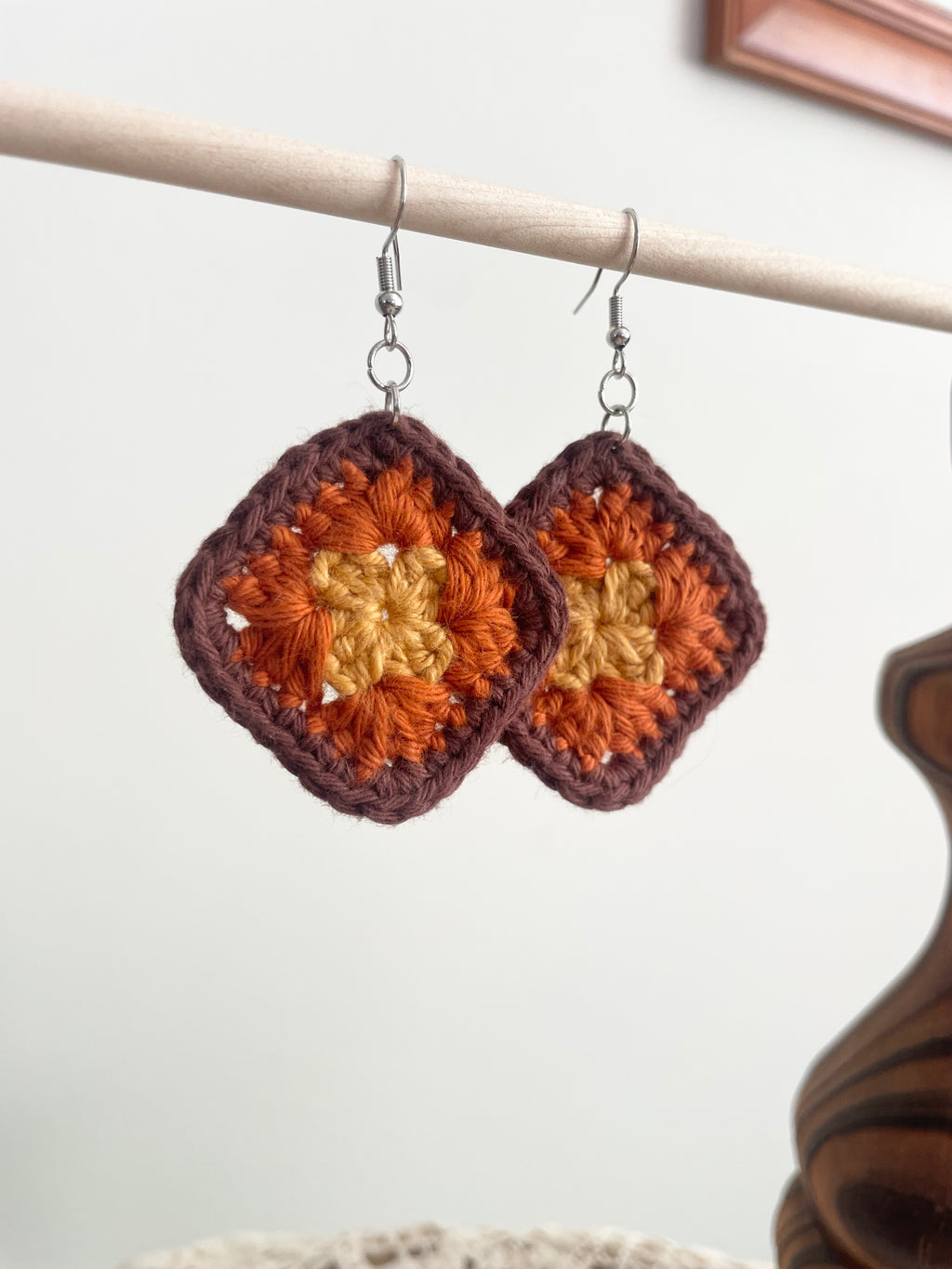 Crochet Little Square Earrings - Yellow/Orange/Brown