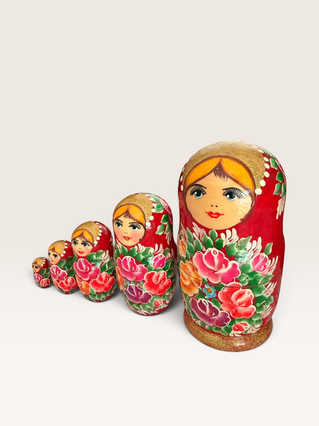 Traditional Semionov Style 5-Piece Russian Nesting Dolls Red Gold Glitter Matryoshka