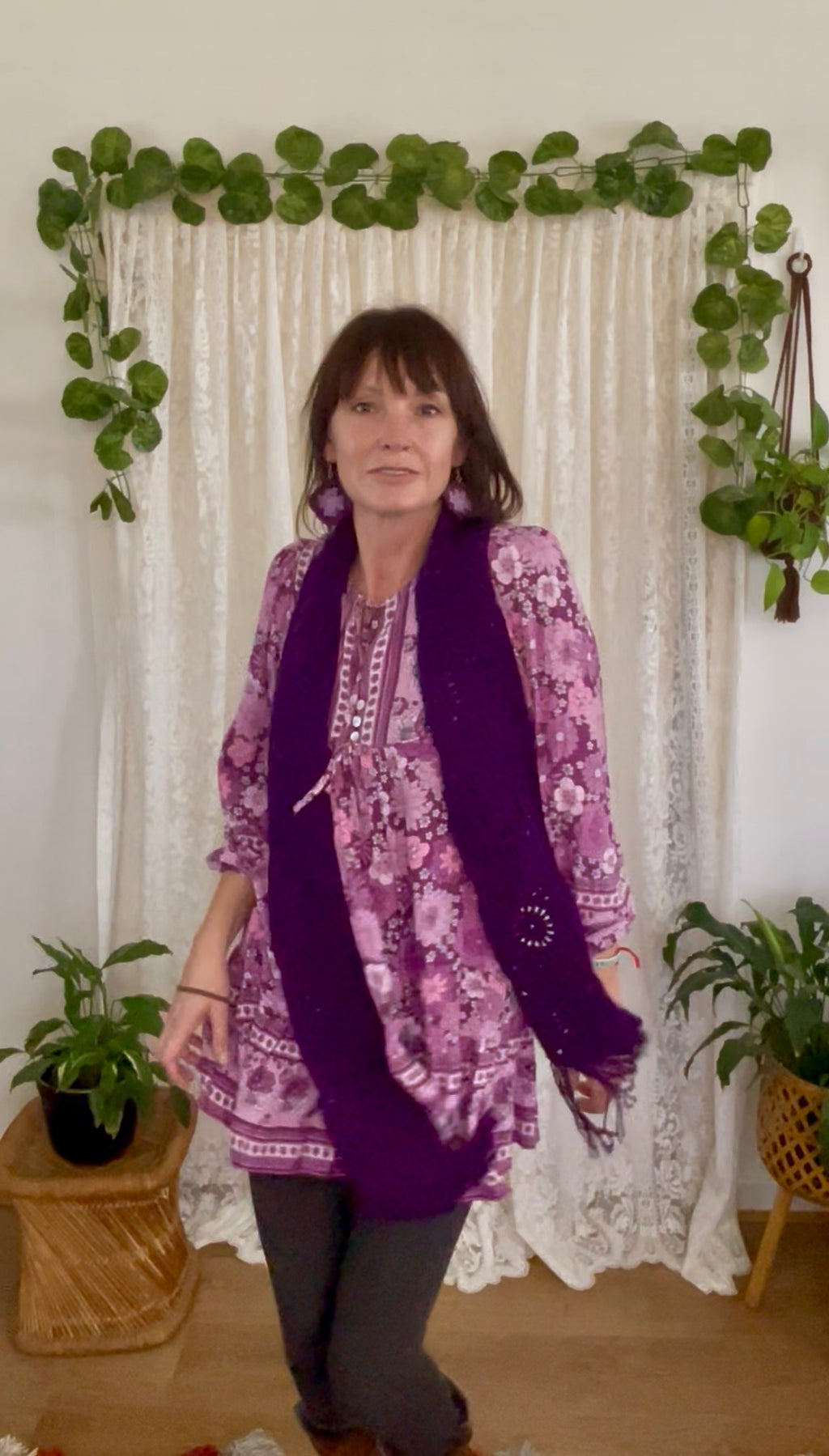 Purple Crochet Square Scarf with Fringe