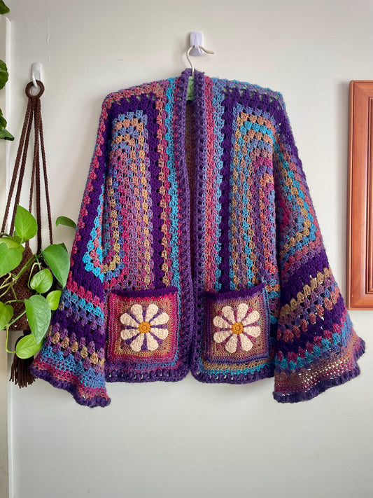 Purple Rainbow Reversible Crochet Cardigan with Bell Sleeves