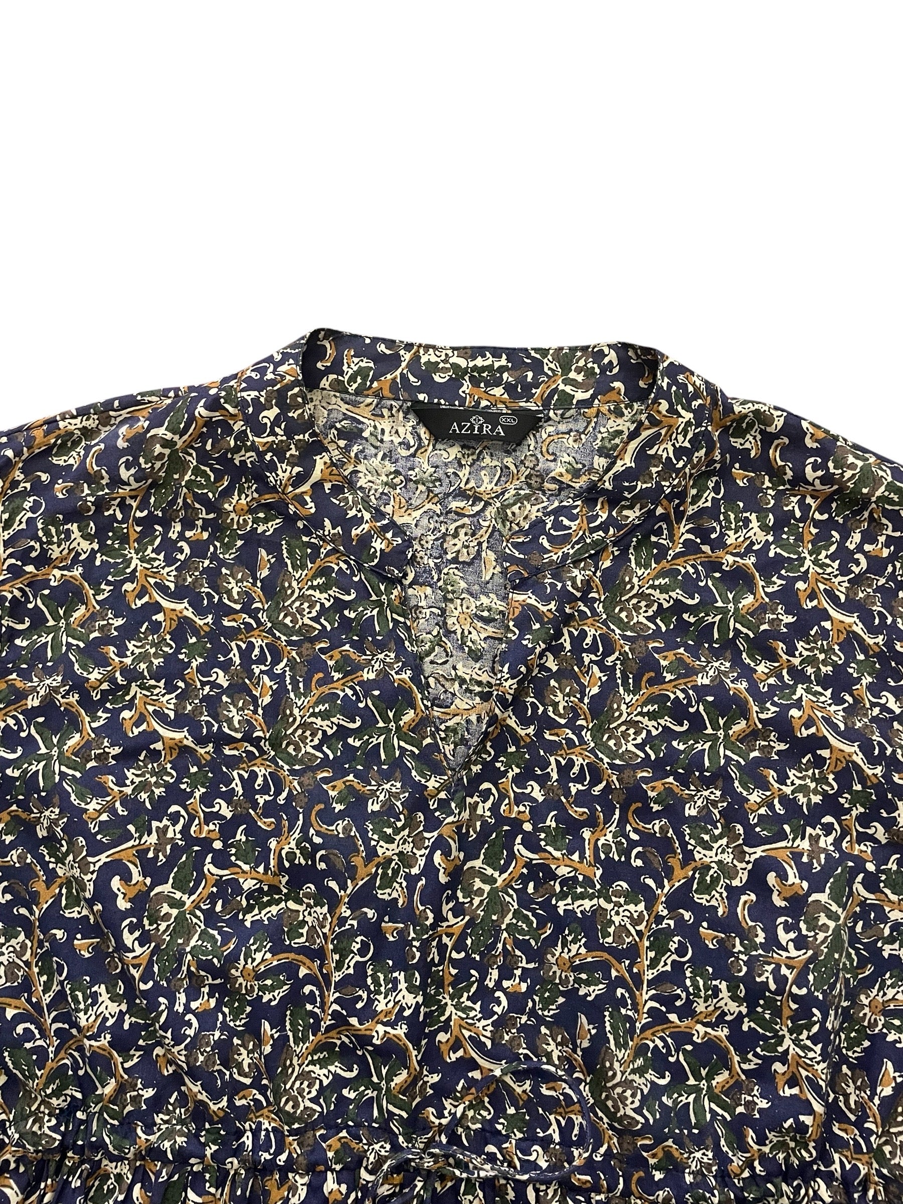 Navy Blue, brown & green print 3/4 sleeve top